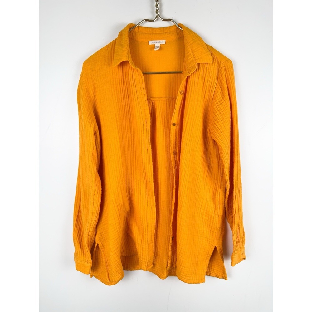 EILEEN FISHER Mango Orange Organic Cotton Classic Collared Button-Up Shirt XS